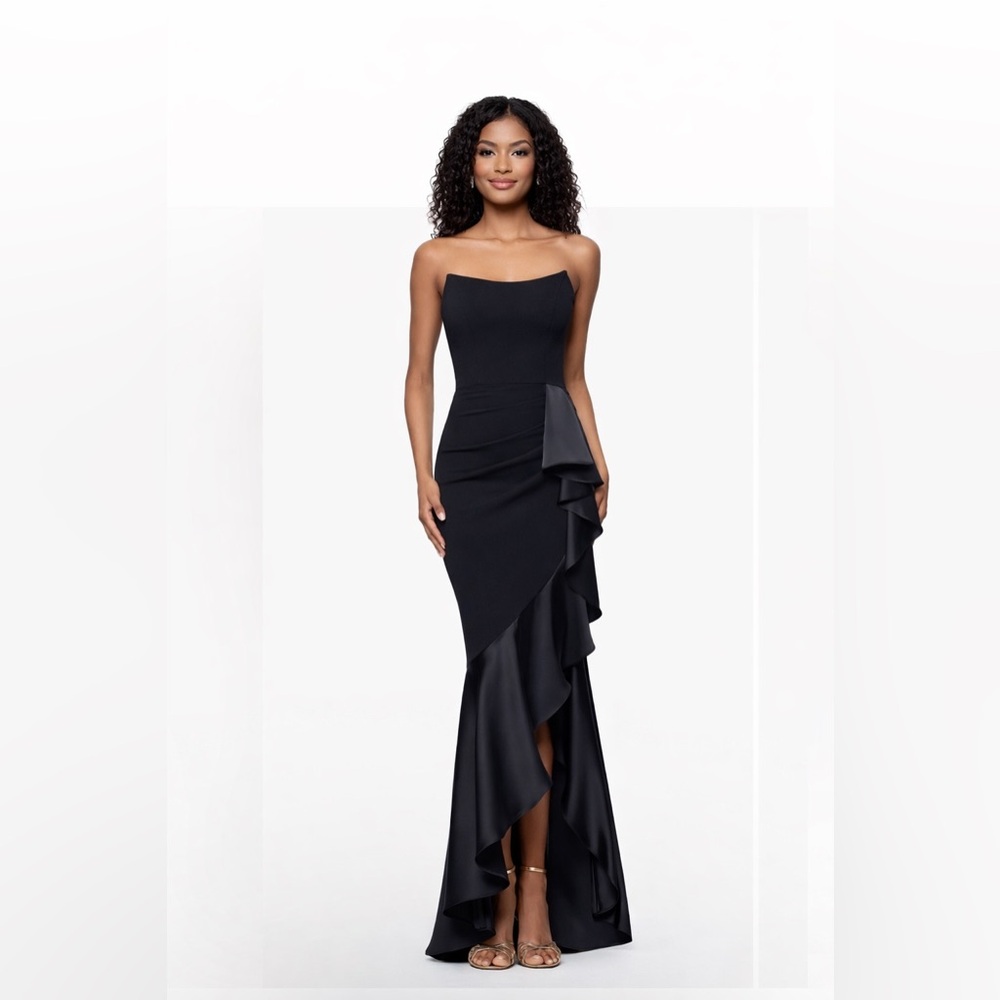 Betsy & Adam Black Strapless Ruffle Evening Gown SZ 12 NWT Formal GALA MOB Maxi